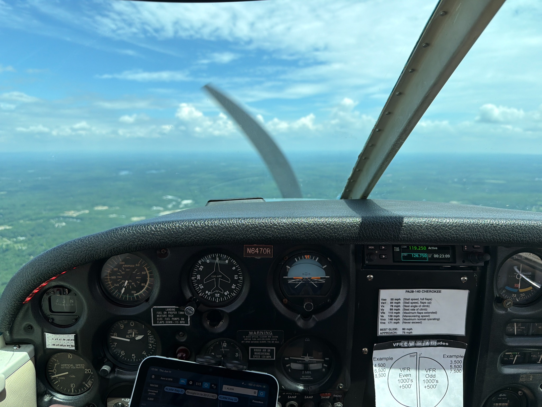 View over the instrument panel of Marvelous Moe in flight